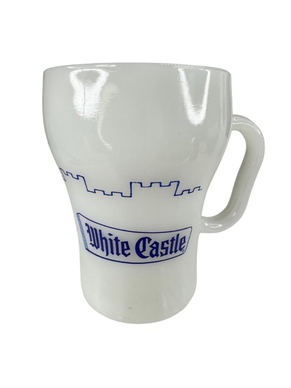 Fire-King Anchor Hocking White Castle Milk Glass Coffee Mug Blue Graphics Vtg